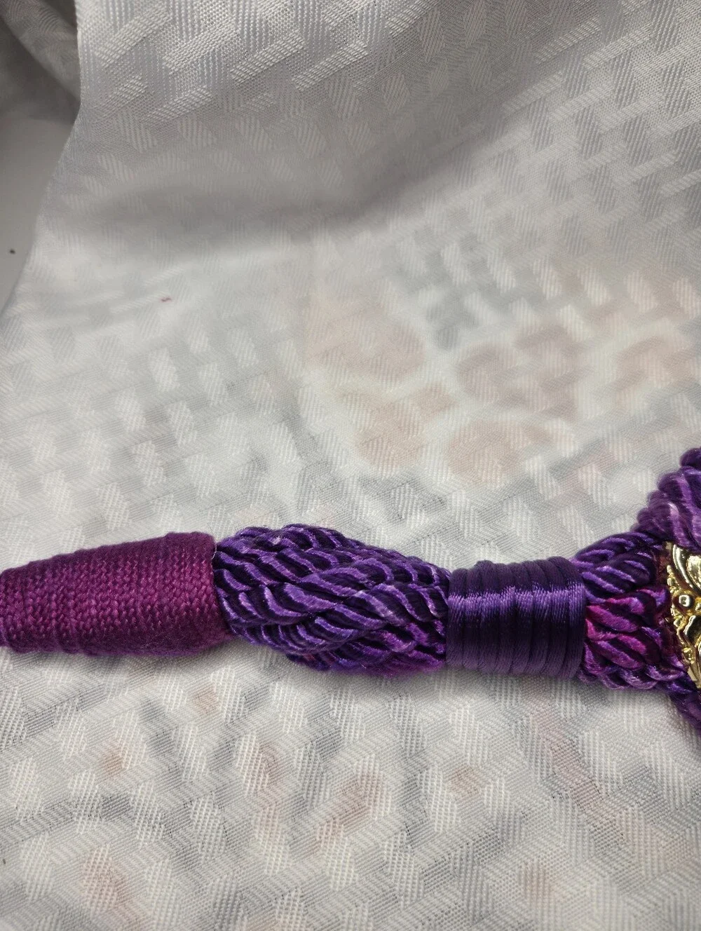 Vintage 80s Purple Braided Cord Belt Gold Filigree Medallion Knotted